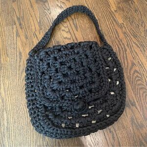 VINTAGE Black Satin Ribbon Woven Round Messenger Shoulder Bag